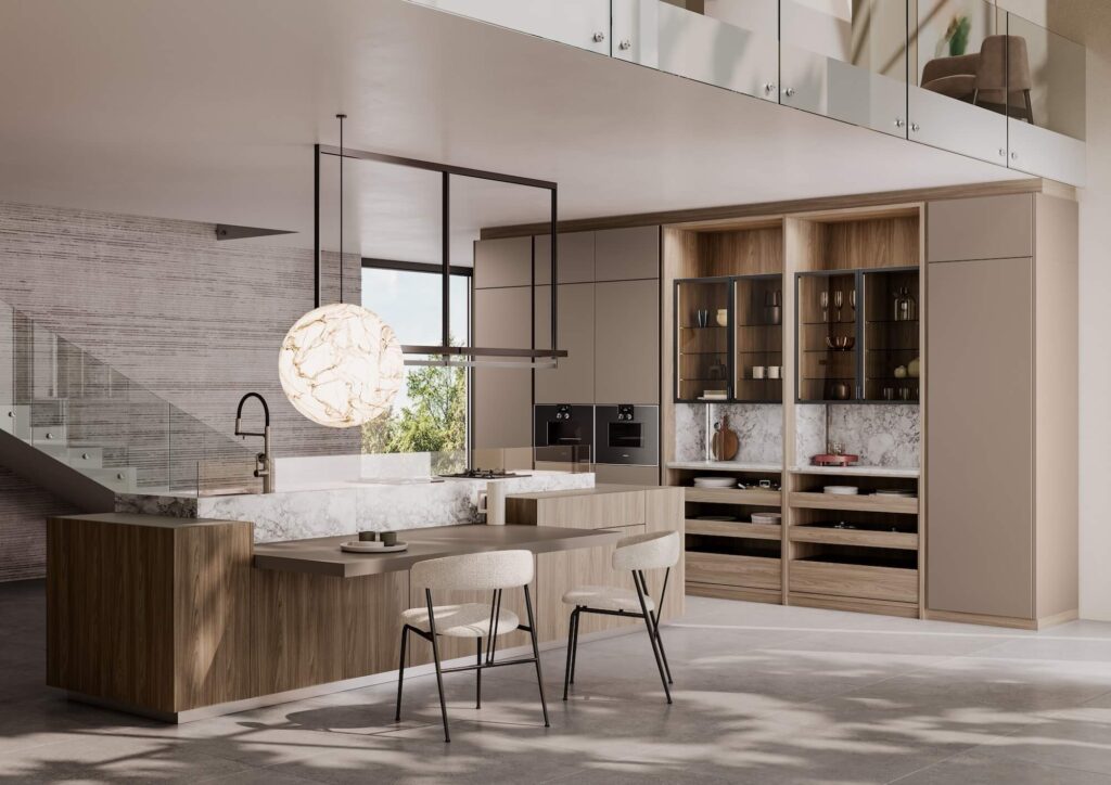 Leicht Designküche Mandelgrau metallic mit Insel