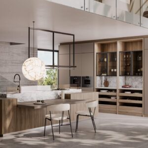 Leicht Designküche Mandelgrau metallic mit Insel